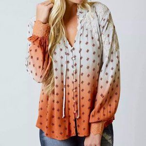 Ombre Dip-Dye Gray Orange folk blouse Rayon & Lace Gimmicks BKE Large